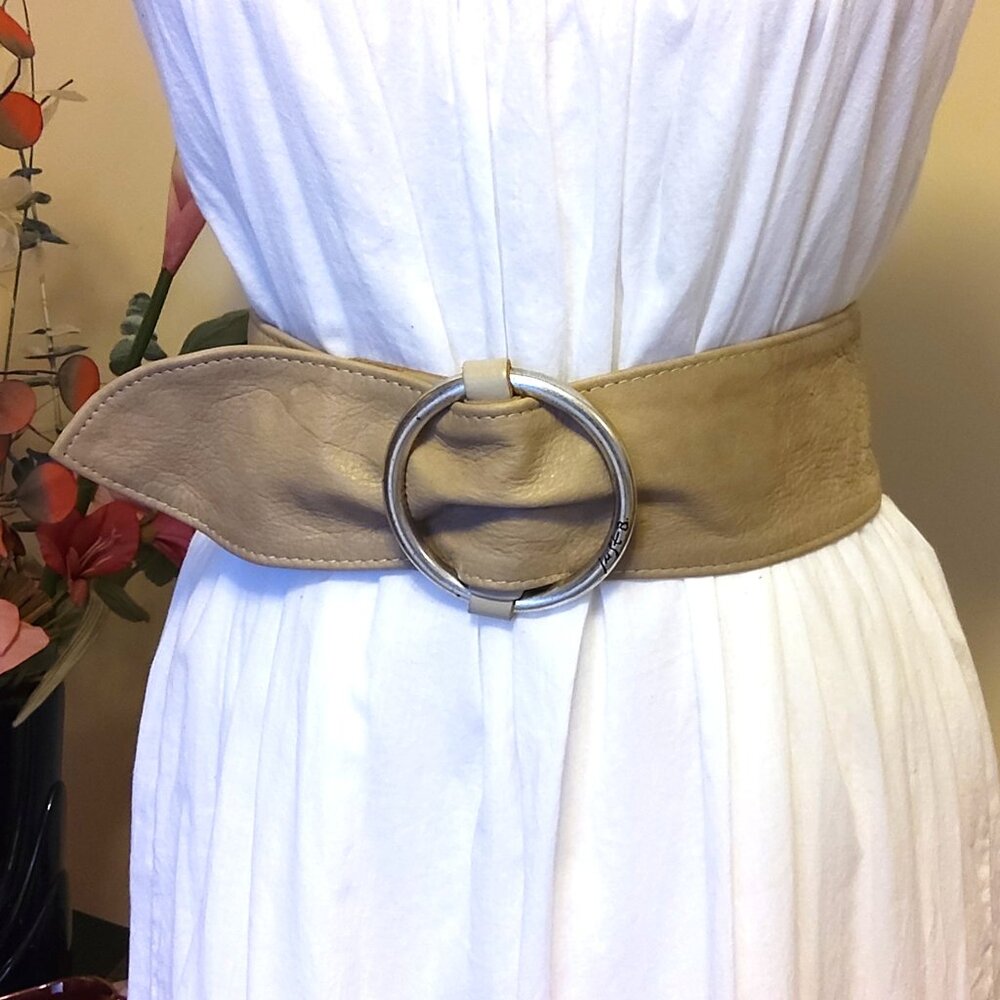 Vintage Just B. Wide Genuine Leather Belt Beige Slim Waist Belt Large 90s